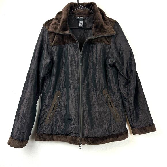 Athleta Brown Quilted Jacket with Faux Fur Trim Brown Iridescent Large - Picture 1 of 7